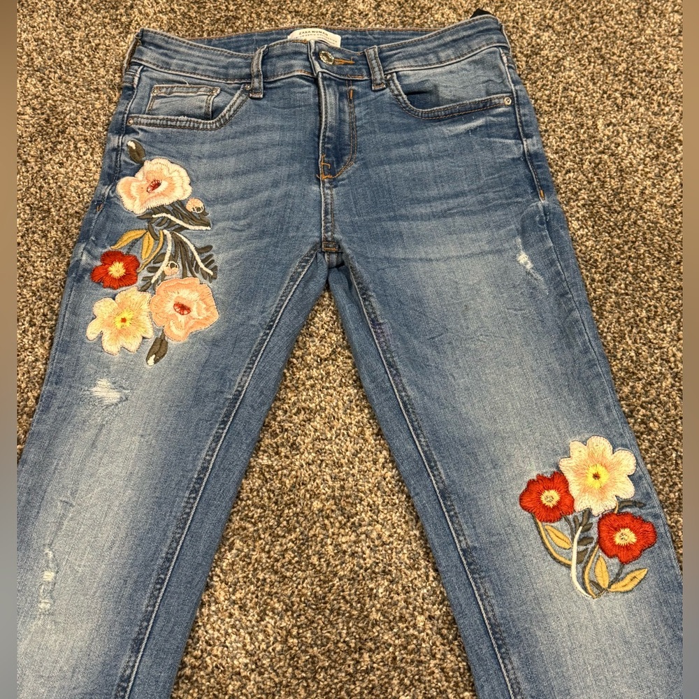 Zara Women Premium Denim: Floral Embroidered Skinny Distressed Jeans Size 4/27L - Picture 2 of 13